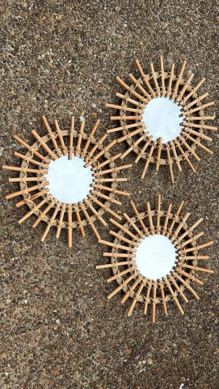 Set of 3 Boho Rattan Sunburst Wall Mirrors